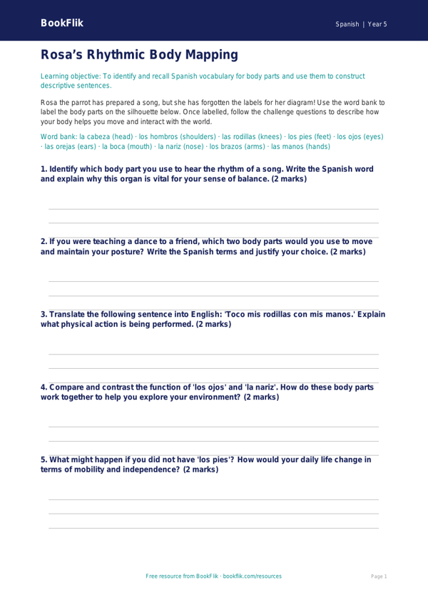 Free Body Parts Activity Sheet | Year 5 Greater Depth | BookFlik worksheet preview — Spanish Body Parts