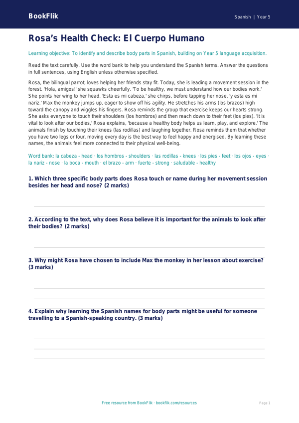 Free Body Parts Comprehension | Year 5 Greater Depth | BookFlik worksheet preview — Spanish Body Parts