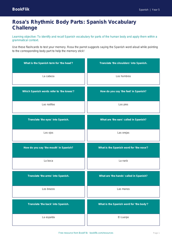 Free Body Parts Flashcards | Year 5 Greater Depth | BookFlik worksheet preview — Spanish Body Parts
