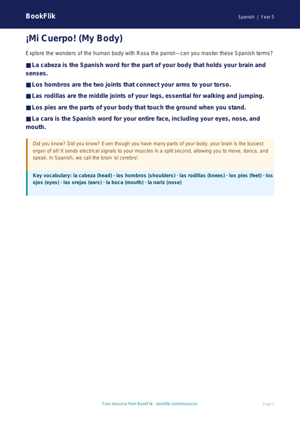 Free Body Parts Poster | Year 5 Greater Depth | BookFlik worksheet preview — Spanish Body Parts
