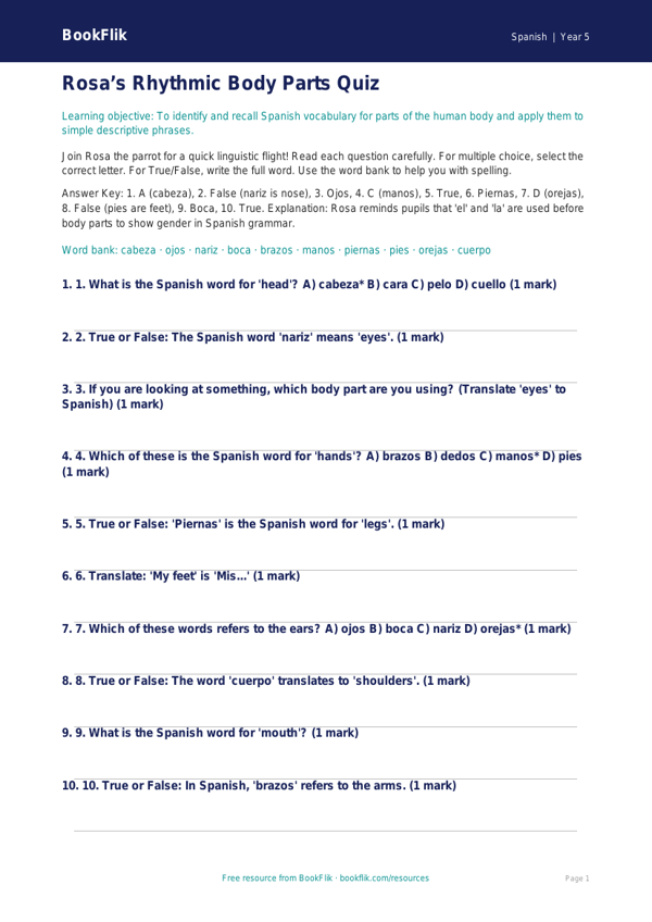 Free Body Parts Quiz | Year 5 Greater Depth | BookFlik worksheet preview — Spanish Body Parts