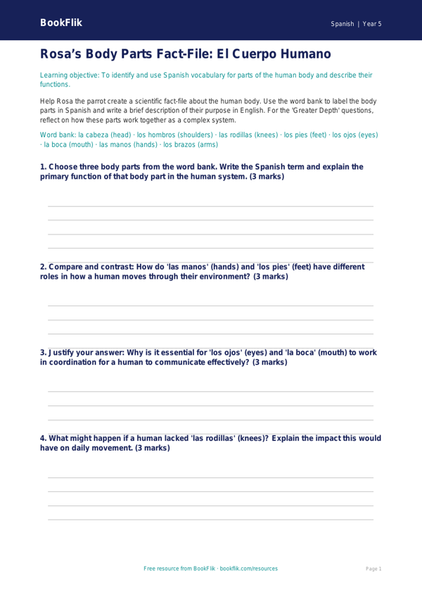 Free Body Parts Template | Year 5 Greater Depth | BookFlik worksheet preview — Spanish Body Parts