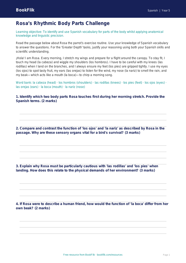 Free Body Parts Track Sheet | Year 5 Greater Depth | BookFlik worksheet preview — Spanish Body Parts