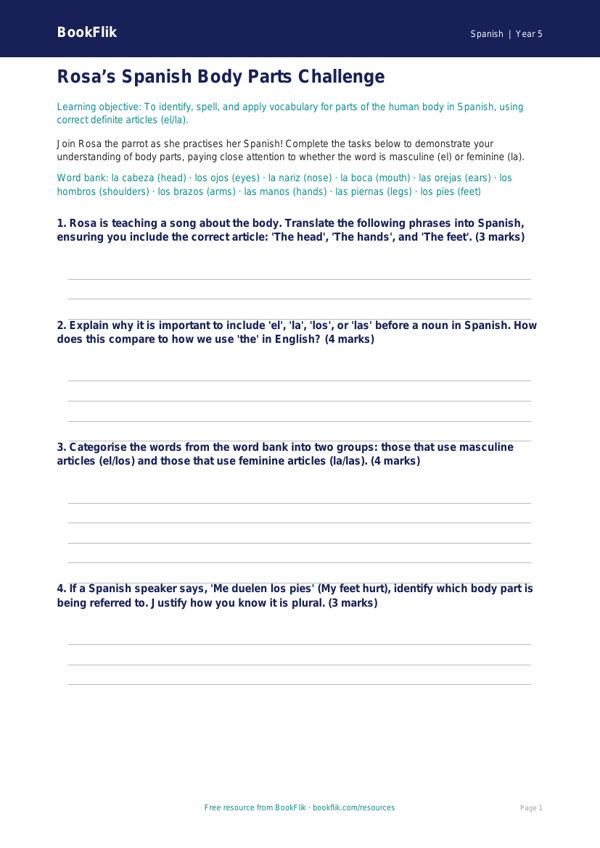 Free Body Parts Worksheet | Year 5 Greater Depth | BookFlik worksheet preview — Spanish Body Parts