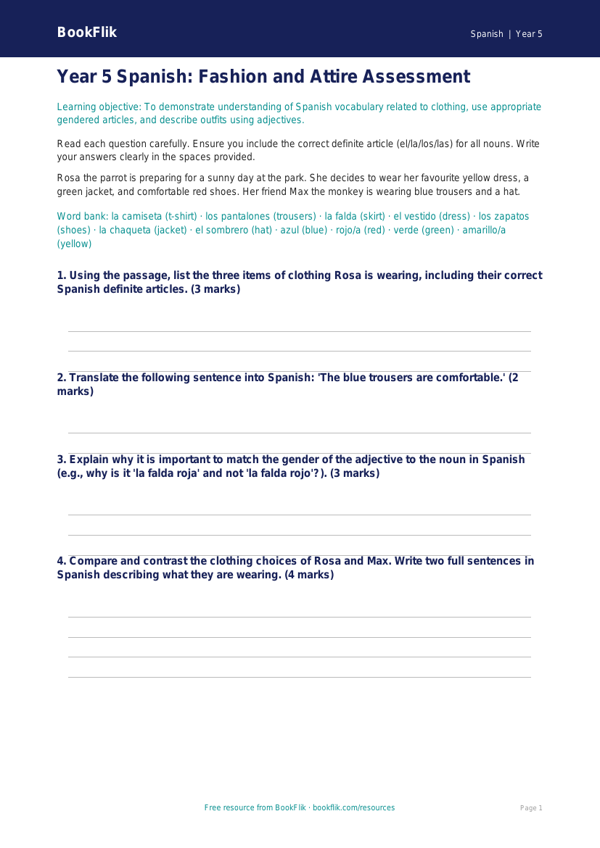 Free Clothes Assessment | Year 5 Greater Depth | BookFlik worksheet preview — Spanish Clothes