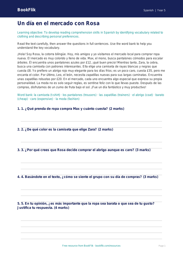 Free Clothes Comprehension | Year 5 Greater Depth | BookFlik worksheet preview — Spanish Clothes