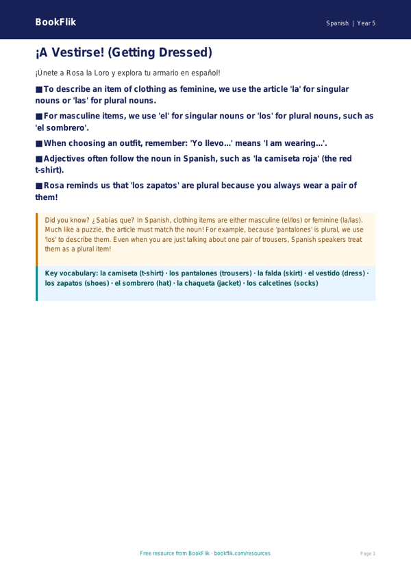 Free Clothes Poster | Year 5 Greater Depth | BookFlik worksheet preview — Spanish Clothes