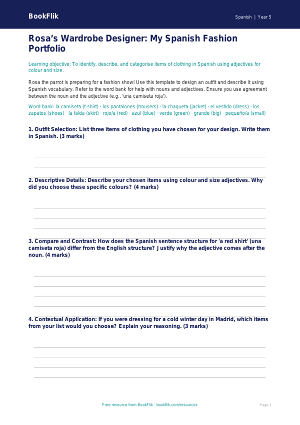 Free Clothes Template | Year 5 Greater Depth | BookFlik worksheet preview — Spanish Clothes