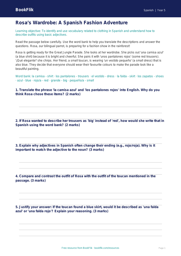 Free Clothes Track Sheet | Year 5 Greater Depth | BookFlik worksheet preview — Spanish Clothes