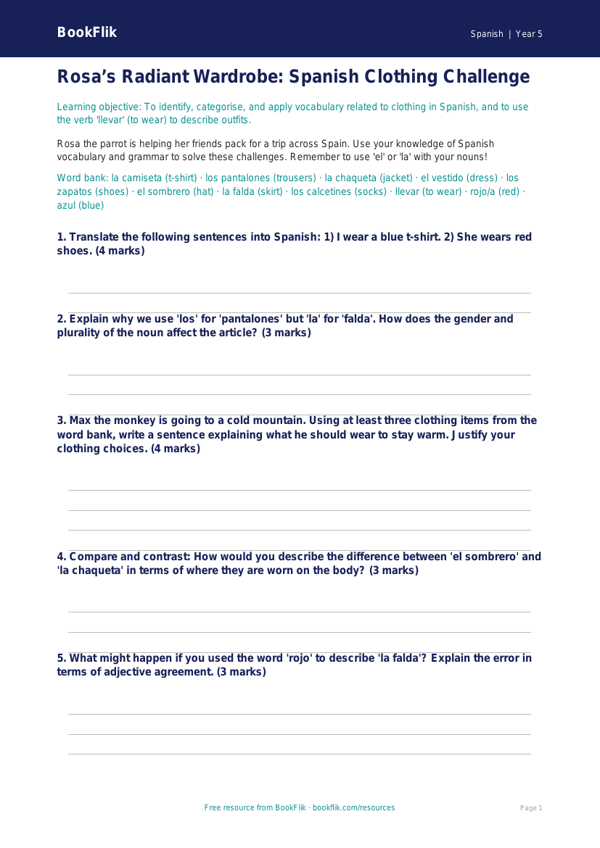 Free Clothes Worksheet | Year 5 Greater Depth | BookFlik worksheet preview — Spanish Clothes