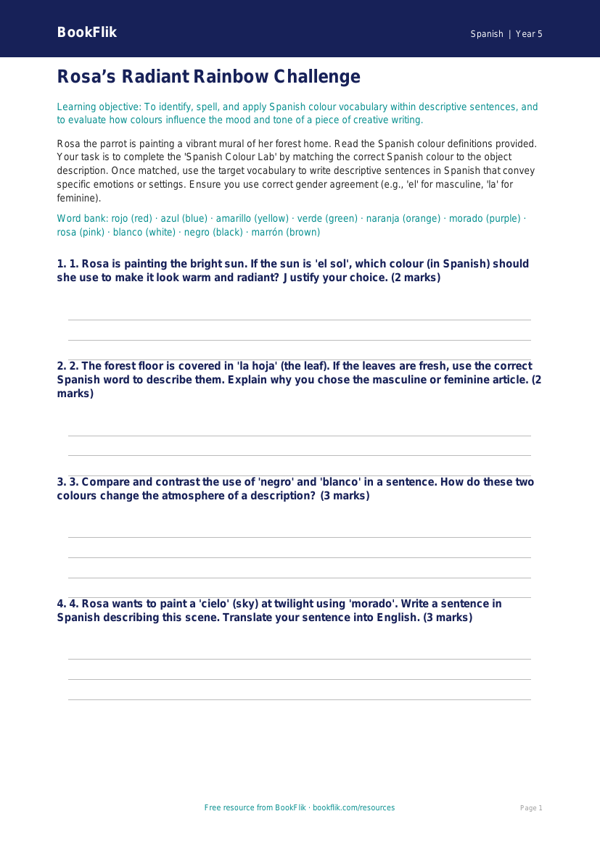 Free Colours Activity Sheet | Year 5 Greater Depth | BookFlik worksheet preview — Spanish Colours
