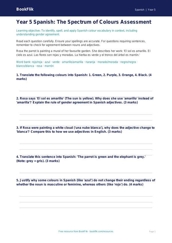 Free Colours Assessment | Year 5 Greater Depth | BookFlik worksheet preview — Spanish Colours