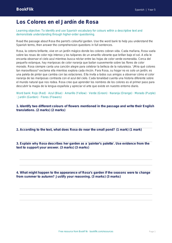 Free Colours Comprehension | Year 5 Greater Depth | BookFlik worksheet preview — Spanish Colours
