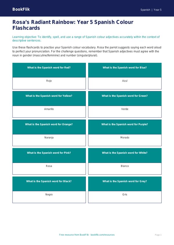 Free Colours Flashcards | Year 5 Greater Depth | BookFlik worksheet preview — Spanish Colours