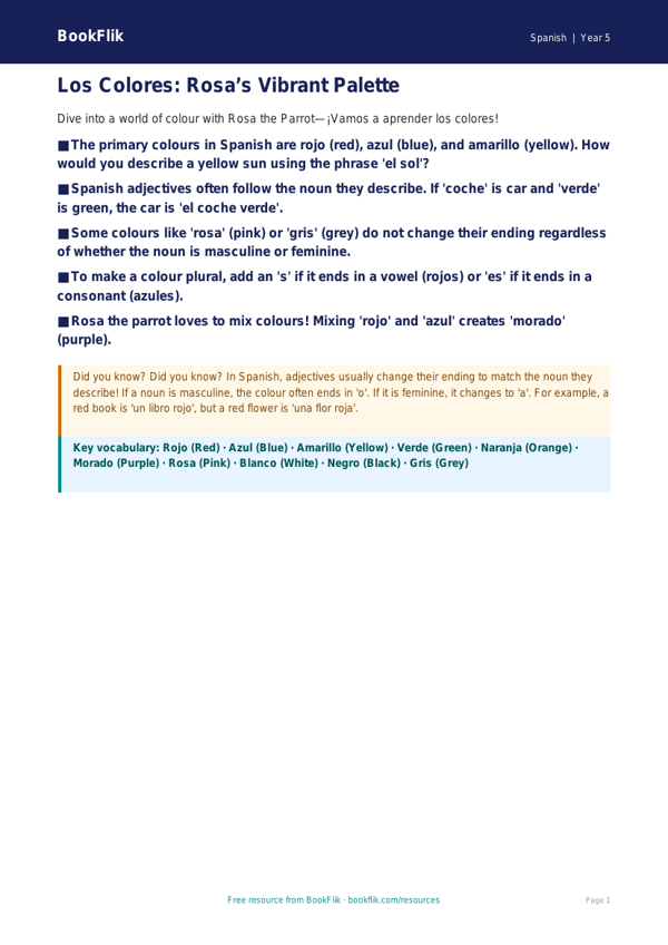 Free Colours Poster | Year 5 Greater Depth | BookFlik worksheet preview — Spanish Colours