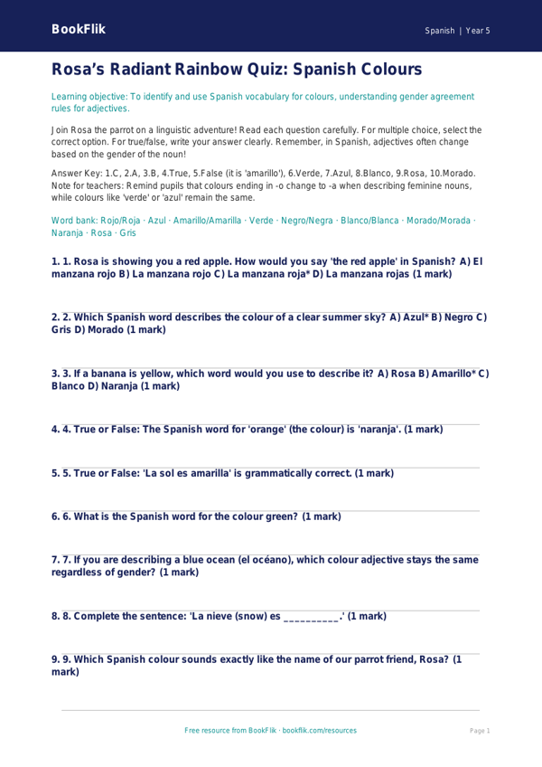 Free Colours Quiz | Year 5 Greater Depth | BookFlik worksheet preview — Spanish Colours