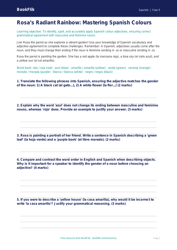 Free Colours Worksheet | Year 5 Greater Depth | BookFlik worksheet preview — Spanish Colours