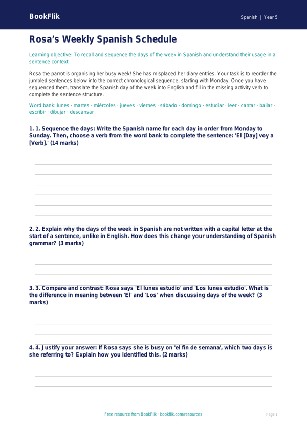 Free Days Of The Week Activity Sheet | Year 5 Greater Depth | BookFlik worksheet preview — Spanish Days Of The Week