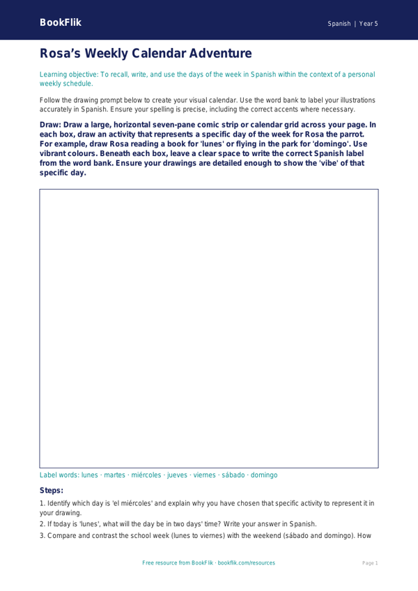 Free Days Of The Week Drawing Sheet | Year 5 Greater Depth | BookFlik worksheet preview — Spanish Days Of The Week