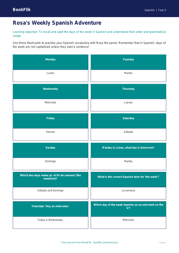 Free Days Of The Week Flashcards | Year 5 Greater Depth | BookFlik worksheet preview — Spanish Days Of The Week