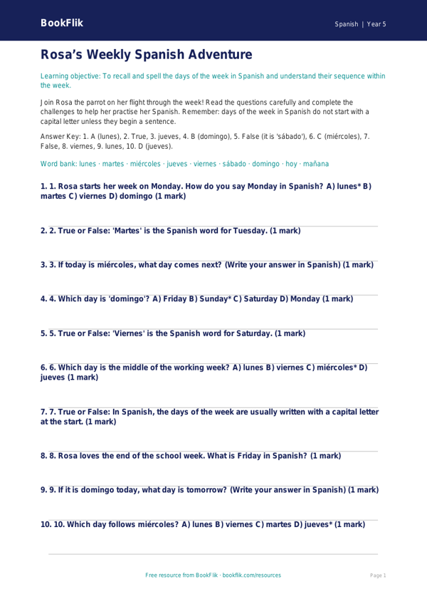 Free Days Of The Week Quiz | Year 5 Greater Depth | BookFlik worksheet preview — Spanish Days Of The Week
