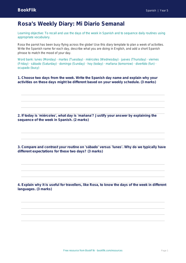 Free Days Of The Week Template | Year 5 Greater Depth | BookFlik worksheet preview — Spanish Days Of The Week