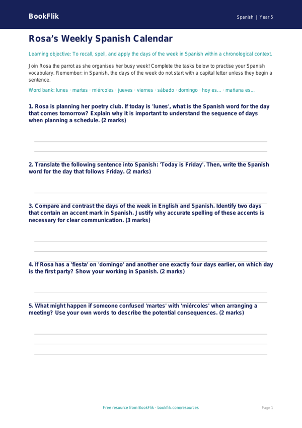 Free Days Of The Week Worksheet | Year 5 Greater Depth | BookFlik worksheet preview — Spanish Days Of The Week