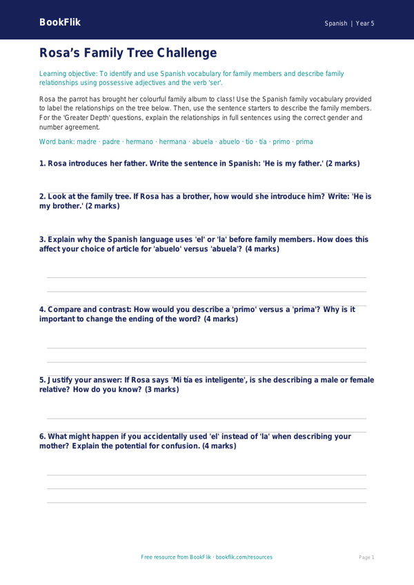 Free Family Activity Sheet | Year 5 Greater Depth | BookFlik worksheet preview — Spanish Family