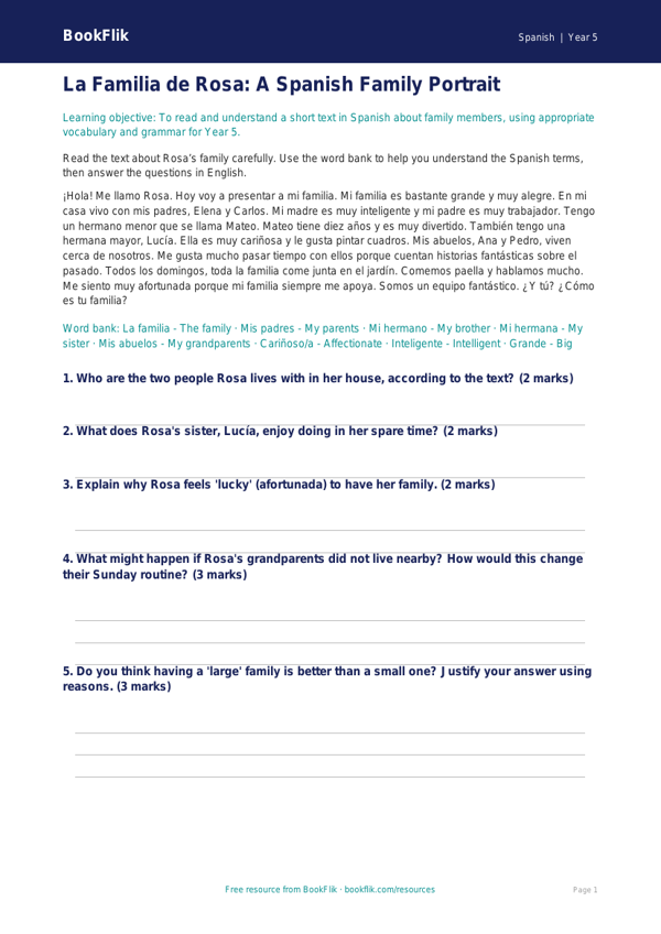 Free Family Comprehension | Year 5 Greater Depth | BookFlik worksheet preview — Spanish Family