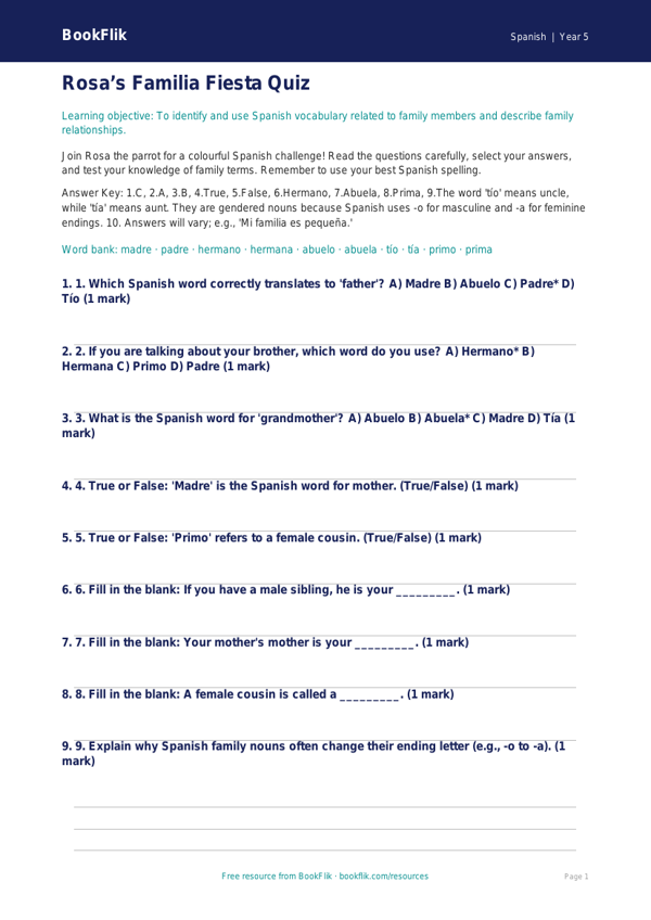 Free Family Quiz | Year 5 Greater Depth | BookFlik worksheet preview — Spanish Family