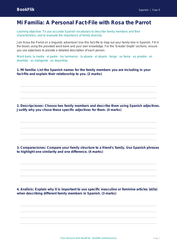 Free Family Template | Year 5 Greater Depth | BookFlik worksheet preview — Spanish Family