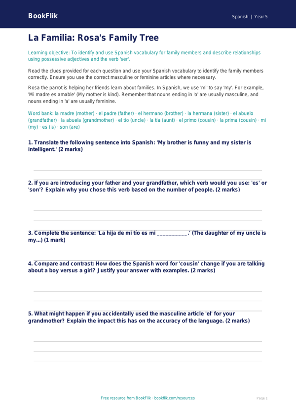 Free Family Worksheet | Year 5 Greater Depth | BookFlik worksheet preview — Spanish Family