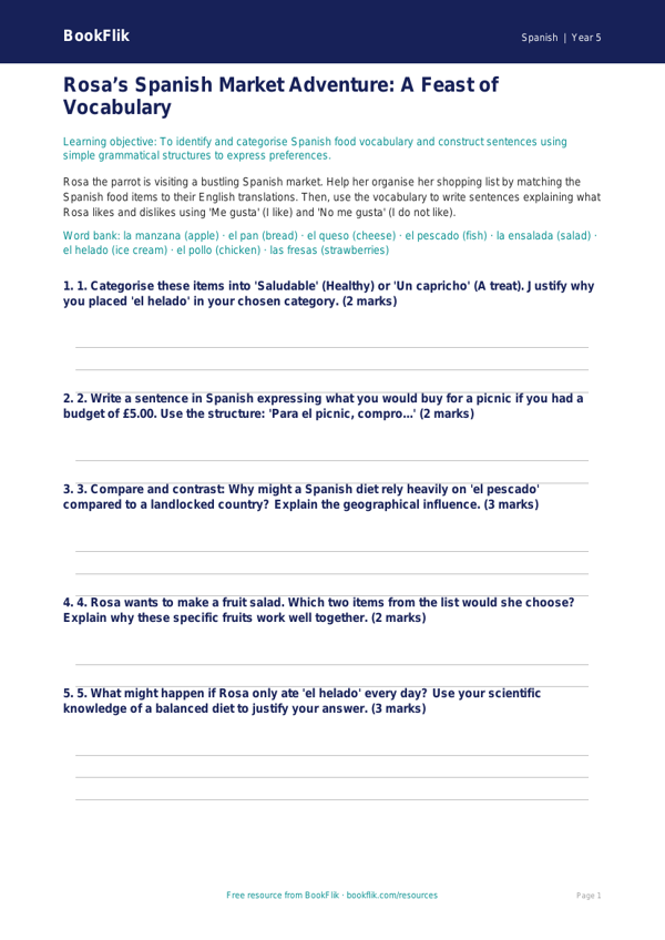 Free Food Activity Sheet | Year 5 Greater Depth | BookFlik worksheet preview — Spanish Food