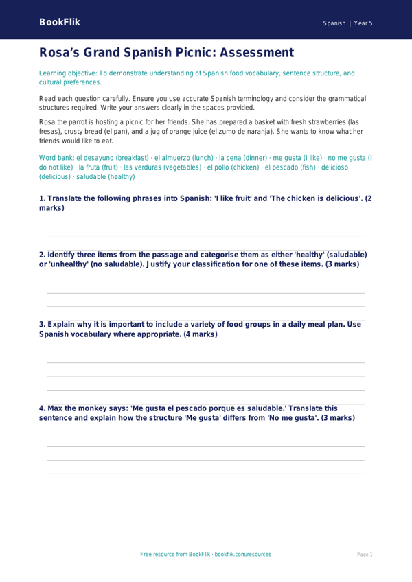 Free Food Assessment | Year 5 Greater Depth | BookFlik worksheet preview — Spanish Food