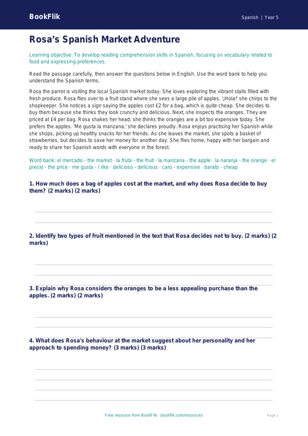 Free Food Comprehension | Year 5 Greater Depth | BookFlik worksheet preview — Spanish Food