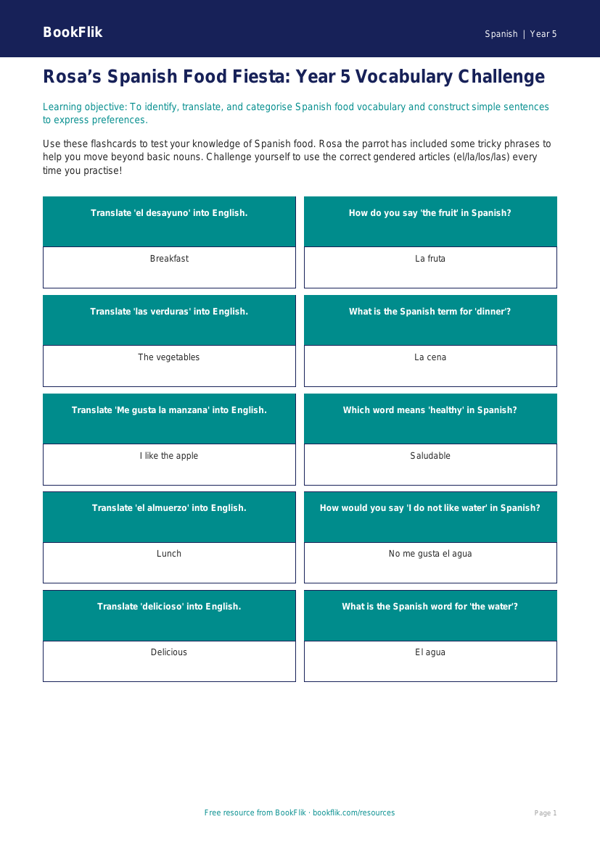 Free Food Flashcards | Year 5 Greater Depth | BookFlik worksheet preview — Spanish Food