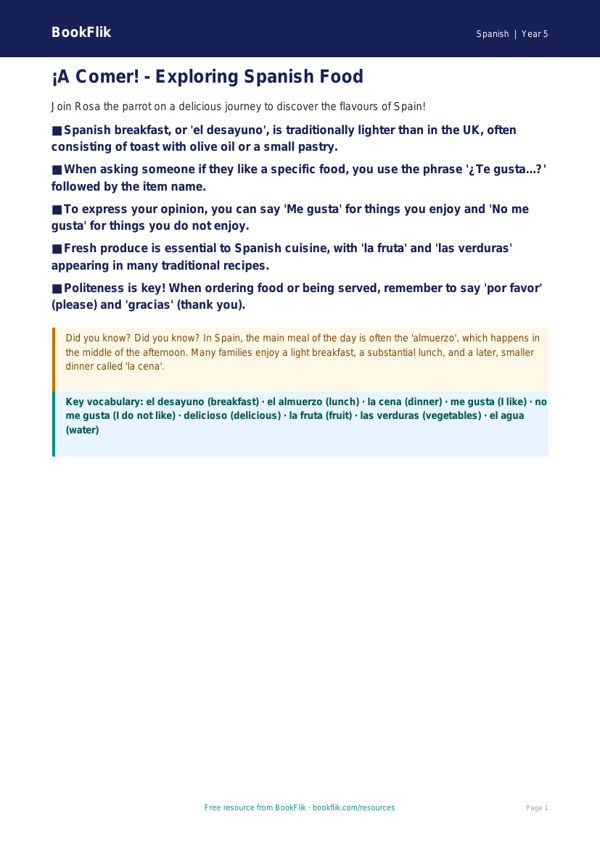 Free Food Poster | Year 5 Greater Depth | BookFlik worksheet preview — Spanish Food