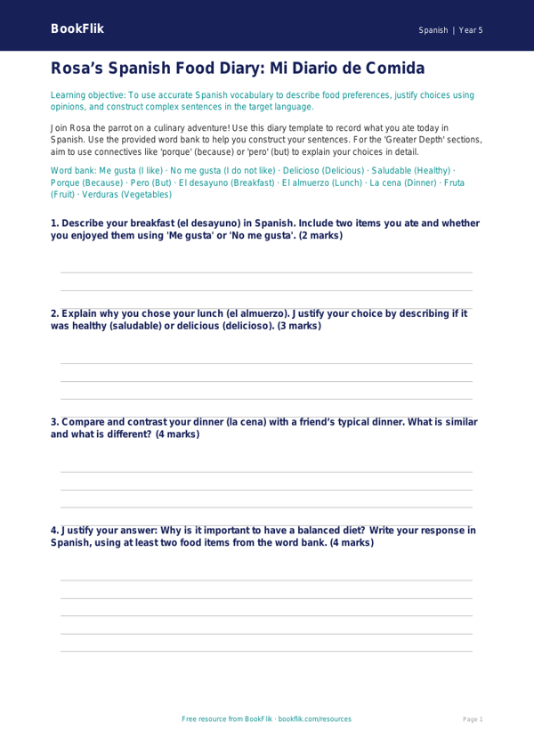 Free Food Template | Year 5 Greater Depth | BookFlik worksheet preview — Spanish Food