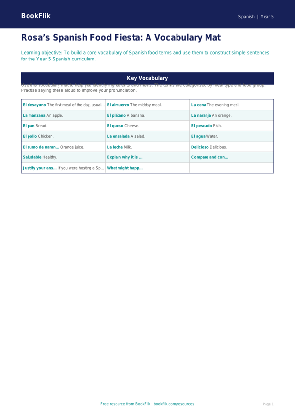 Free Food Word Mat | Year 5 Greater Depth | BookFlik worksheet preview — Spanish Food