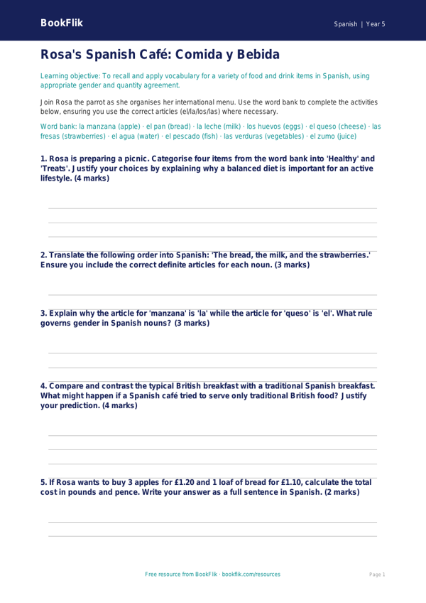 Free Food Worksheet | Year 5 Greater Depth | BookFlik worksheet preview — Spanish Food