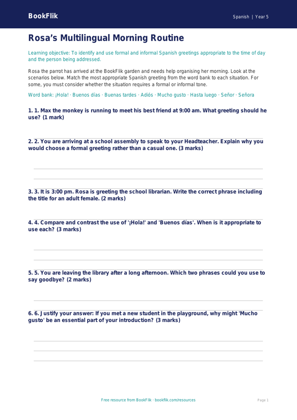Free Greetings Activity Sheet | Year 5 Greater Depth | BookFlik worksheet preview — Spanish Greetings