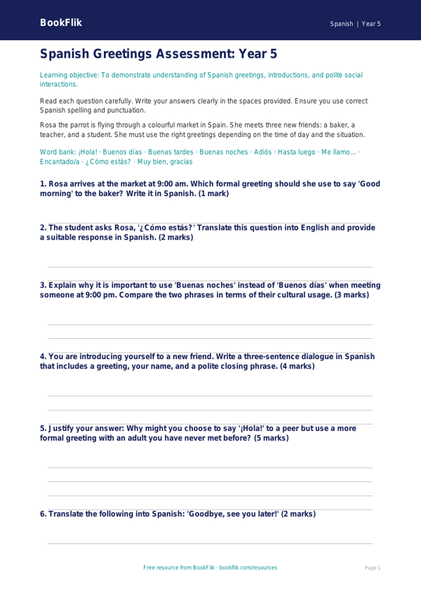 Free Greetings Assessment | Year 5 Greater Depth | BookFlik worksheet preview — Spanish Greetings