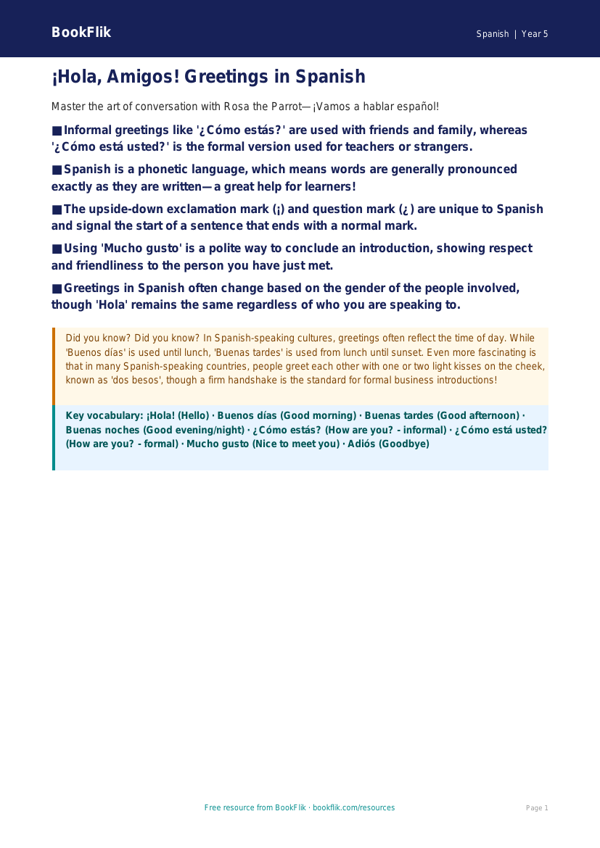 Free Greetings Poster | Year 5 Greater Depth | BookFlik worksheet preview — Spanish Greetings