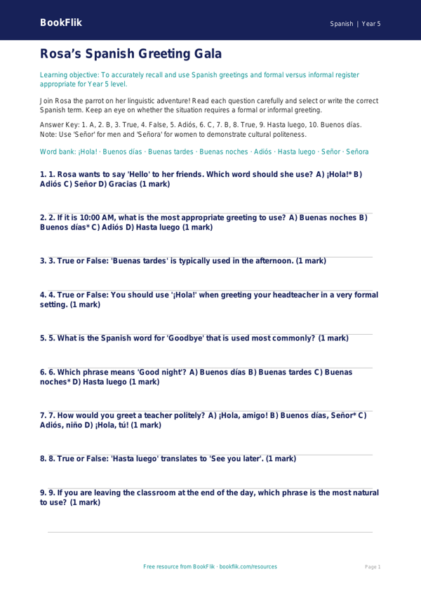 Free Greetings Quiz | Year 5 Greater Depth | BookFlik worksheet preview — Spanish Greetings