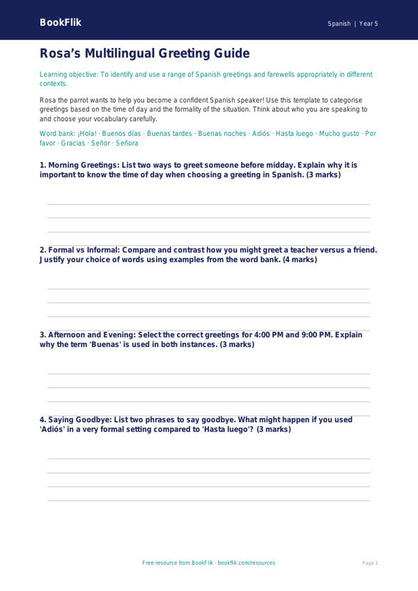 Free Greetings Template | Year 5 Greater Depth | BookFlik worksheet preview — Spanish Greetings