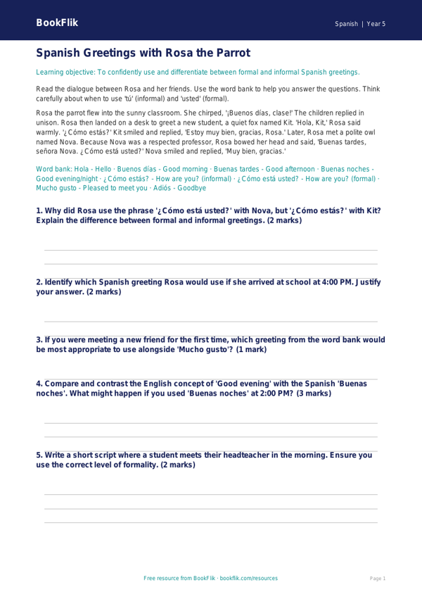 Free Greetings Track Sheet | Year 5 Greater Depth | BookFlik worksheet preview — Spanish Greetings