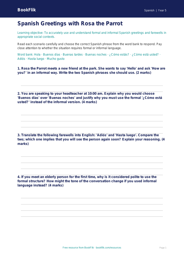 Free Greetings Worksheet | Year 5 Greater Depth | BookFlik worksheet preview — Spanish Greetings