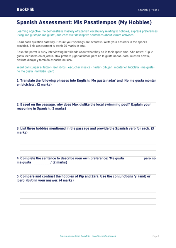 Free Hobbies Assessment | Year 5 Greater Depth | BookFlik worksheet preview — Spanish Hobbies