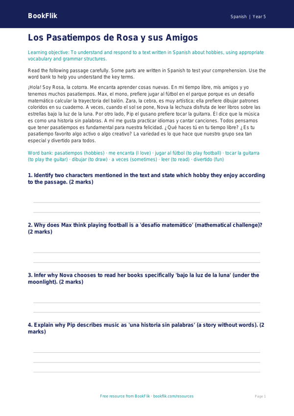 Free Hobbies Comprehension | Year 5 Greater Depth | BookFlik worksheet preview — Spanish Hobbies