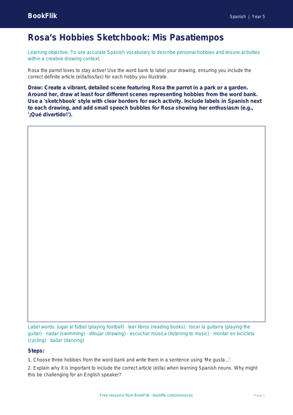 Free Hobbies Drawing Sheet | Year 5 Greater Depth | BookFlik worksheet preview — Spanish Hobbies